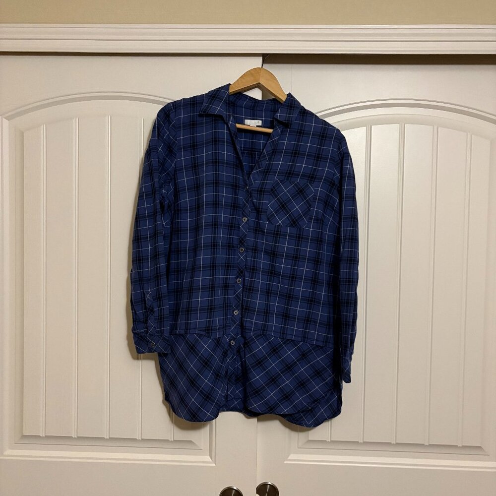J. Jill Flannel Button Up Shirt Medium Blue Plaid Long Sleeve 100% Cotton Pocket